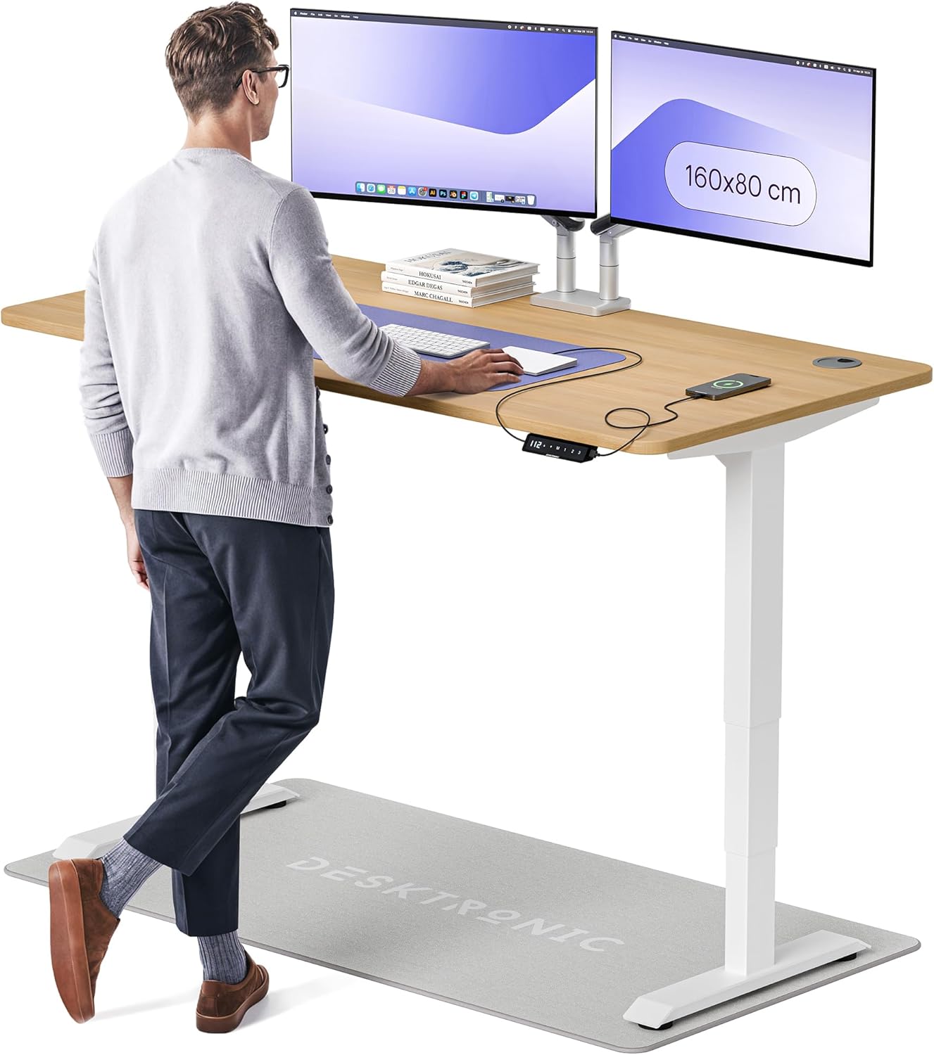 Le meilleur bureau assis debout électrique 160x80 cm en pleine utilisation avec double écran