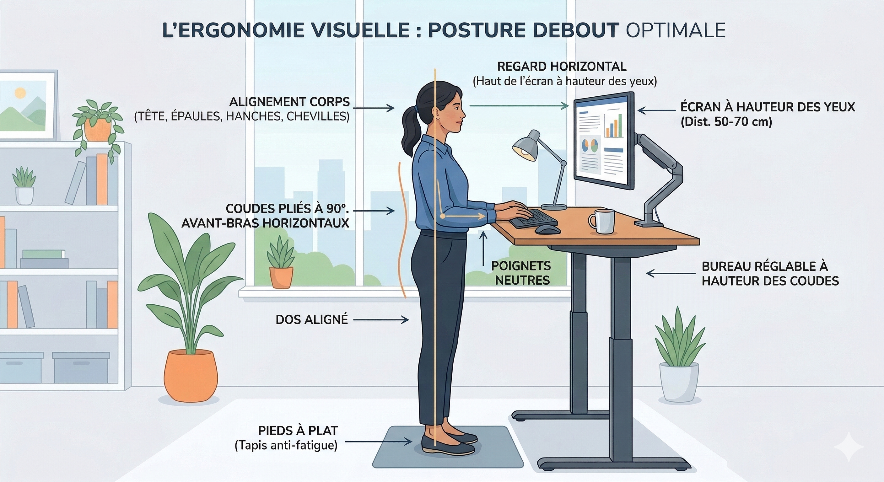 Schéma complet d'ergonomie et de posture idéale avec un bureau assis debout électrique 160x80 cm